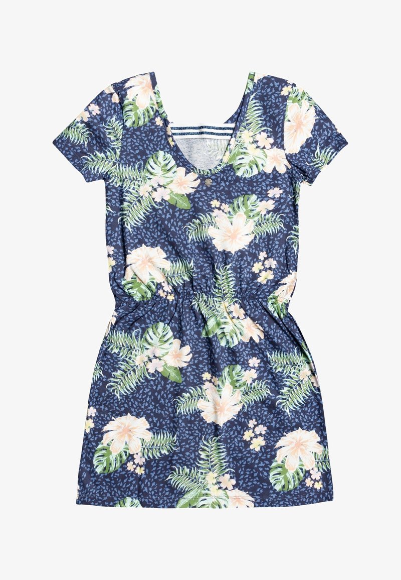 Robe bleu marine à manches courtes, ornée d'un motif floral de fleurs roses et de feuilles vertes. Taille élastique pour une silhouette cintrée.