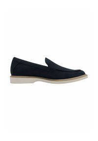 Marinblå slip-on sko med en slät läderöverdel, rund tå och en kontrasterande vit gummisula. Minimalistiska sömnadsdetaljer som accentuerar designen.