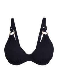 Top bikini nero con forma triangolare, realizzato in tessuto testurizzato. Presenta spalline regolabili e dettagli in metallo dorato.