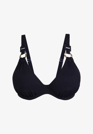 Top de bikini negro de forma triangular, fabricado en tejido texturizado. Presenta tirantes ajustables y acentos de hardware en tono dorado.