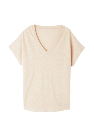 T-shirt beige à manches courtes en V, fabriqué dans un matériau doux et texturé ; présente une coupe décontractée et un motif chiné subtil.