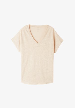 T-shirt beige à manches courtes en V, fabriqué dans un matériau doux et texturé ; présente une coupe décontractée et un motif chiné subtil.
