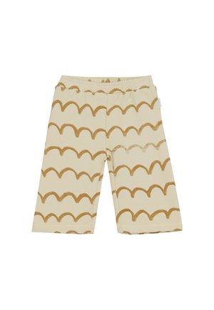 Beige elastische taille shorts met wijde benen, versierd met horizontale golvende bruine lijnen over de hele stof.
