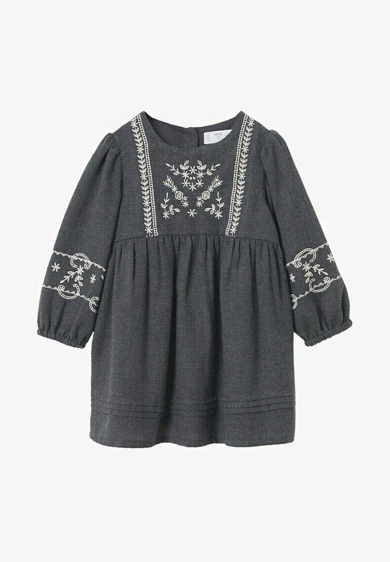 Robe pour tout-petit à manches longues gris foncé avec broderie florale blanche sur la poitrine et les manches, taille froncée et col rond.