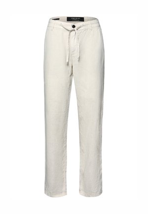 Herren-Casualhose in Off-White mit Kordelzugbund, Knopfverschluss und geradem Bein.