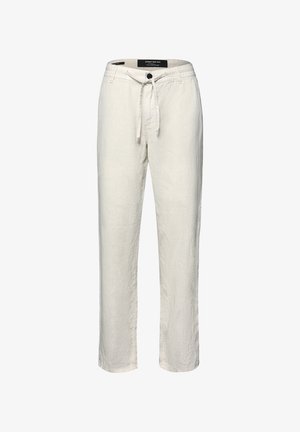 Pantalones casuales para hombre de color blanco roto, con cintura de cordón ajustable, cierre de botón y corte de pierna recta.