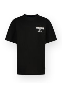 Sort bomulds t-shirt med korte ærmer, rund halsudskæring og hvid tekst "VINGINO DEPT. MILANO, ITA." på venstre brystområde.