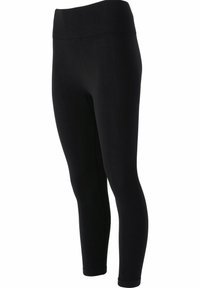Svarta leggings med en slät textur, bred midjeresår och subtila ribbade detaljer längs sidorna för ökad passform och komfort.