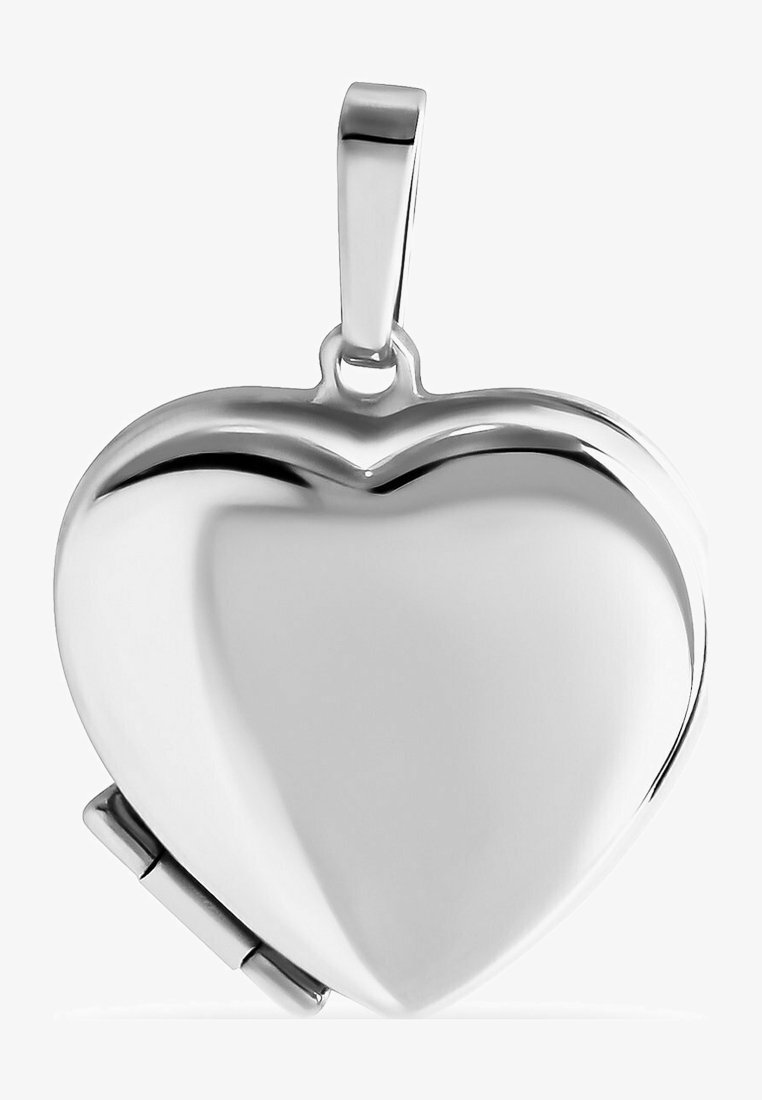 Pendente a forma di cuore in argento con una superficie liscia e riflettente, dotato di un meccanismo di apertura a cerniera e di un anello per il fissaggio.