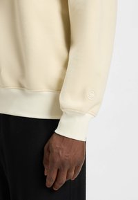 Felpa color crema con una texture morbida, dotata di polsini e bordo a costine, e un logo discreto sulla manica sinistra.