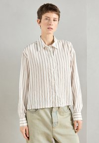 Garu piedurņu pogājama krekls gaiši bežā krāsā ar plānām vertikālām svītrām. Iespējama klasiskā apkakle un kontrastējoši svītroti piedurkņu gali. Tekstūrēta auduma.