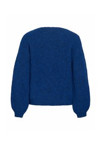 Pull tricoté bleu à manches longues avec une texture duveteuse et des bord-côtes aux poignets et à l’ourlet, vu de dos sur un fond blanc.