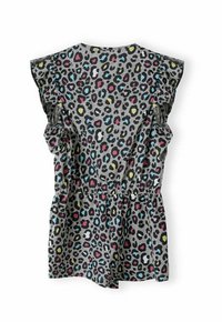 Kort grå klänning med flerfärgad leopardprick, volangärmar och elastisk midja.