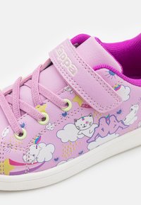 Pink synthetic sneaker with a breathable inner lining. Features a Velcro strap and playful cartoon designs of cats, clouds, and stars.