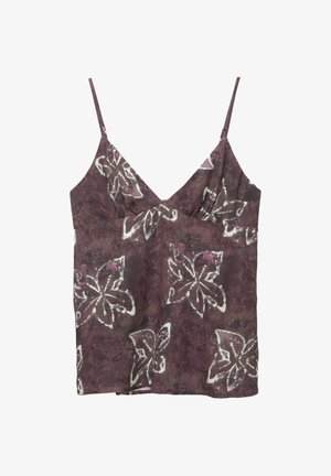 Lila virágmintás ujjatlan felső, könnyű anyagból készült, fehér virágmintákkal, vékony pántokkal és V-nyakkivágással.