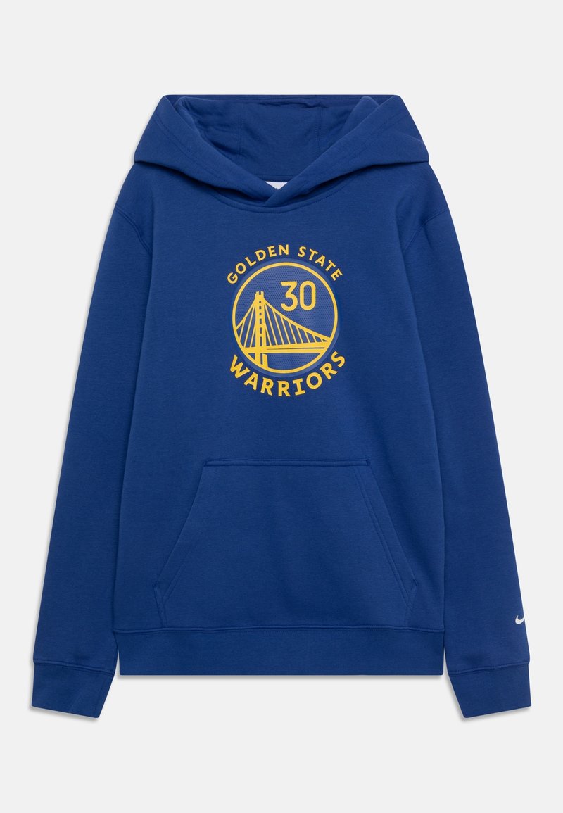 Sweat à capuche bleu en tissu doux avec une poche avant, une capuche à cordon, et un design circulaire avec "Golden State Warriors" et le numéro "30" en jaune.