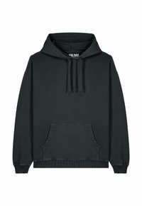 Felpa nera con cappuccio in cotone, dotata di tasca a marsupio frontale, cappuccio con cordino regolabile e polsini e orlo a coste.