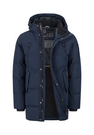 Granatowa puchowa kurtka z kapturem, z zapięciem na zamek, bocznymi kieszeniami i miękką podszewką. Posiada teksturowaną powierzchnię oraz elastyczne mankiety.