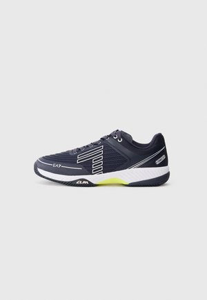 Sport shoes with a dark blue synthetic mesh upper, white accents, and a yellow outsole. Features a textured surface and laced design.
