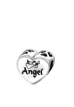 Silver heart-shaped charm with cut-out hearts, engraved with a small angel figure and the word "Angel" in black lettering.