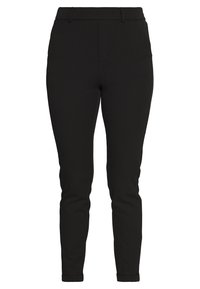 Mustat, räätälöidyt housut sileästä kankaasta, joissa on istuva malli, etutaskut ja siisti vyötärönauha ilman näkyviä sulkijoita.