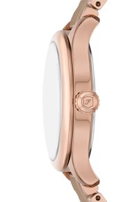 Roségoldene Uhr mit einem glatten runden Gehäuse, einer strukturierten Krone mit einem Logo und einem matten Finish an einem Link-Armband. Minimalistisches Design.