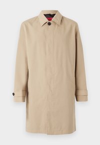 Beige trench coat with a straight cut, featuring a button closure, collar, and side pockets. Made of smooth, lightweight fabric.
