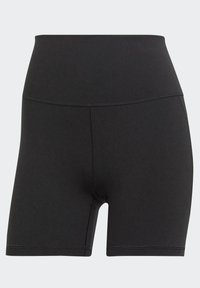 Svarte høyt belte shorts laget av elastisk materiale, med en glatt tekstur og flate sømmer for komfort. Ingen distinkte mønstre eller detaljer.