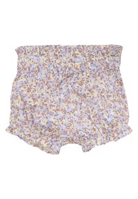Shorts floraux dans des teintes pastel de jaune, lavande et marron. Dotés d'une taille smockée avec un nœud, d'un ourlet volanté et d'une texture de tissu douce.