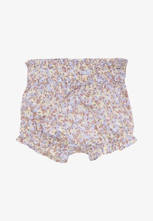 Blomstrede shorts i pastelgul, lavendel og brun. Har en smocket talje med en sløjfe, bølgede kanter og blød stofstruktur.