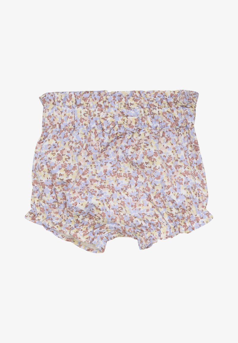 Bloemige shorts in pastelgeel, lavendel en bruin. Voorzien van een gerimpelde taille met een strik, een gerimpelde zoom en een zachte stofstructuur.