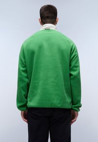 Groene fleece pullover met een hoge kraag, raglanmouwen en een zachte textuur, met een contrasterende witte binnenkraag.
