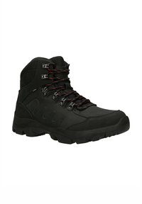 Scarpe da trekking nere realizzate in materiale sintetico, con un design alto, dettagli testurizzati e lacci rossi e neri con occhielli metallici.