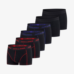 Sei paia di boxer neri con cintura elastica, con il logo "JACK & JONES". I colori delle cinture includono strisce rosse e blu.