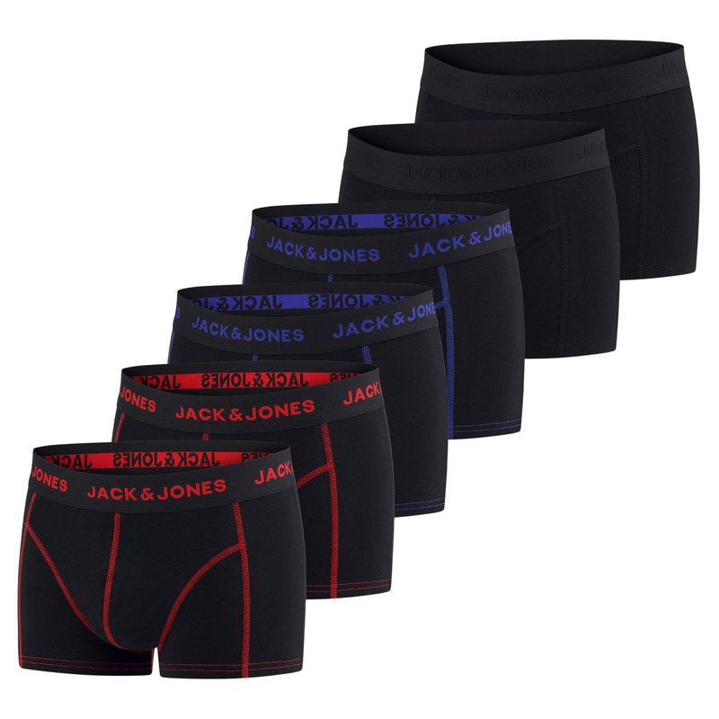 Six pairs of black boxers with elastic waistbands featuring "JACK & JONES" logo. Colors of waistbands include red and blue stripes.