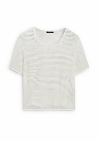 Vit kortärmad T-shirt i öppenvävd tyg. Har korta ärmar och en rund halsringning med en lös, strukturerad design.