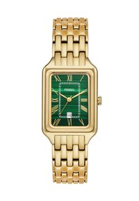 Montre-bracelet en métal doré avec un cadran rectangulaire vert, des chiffres romains, une fenêtre de date et un bracelet en maillons dorés texturé. Marque : Fossil.