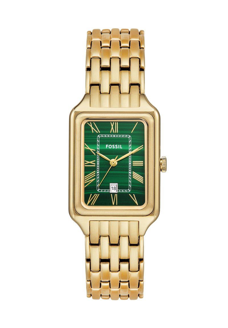 Montre-bracelet en métal doré avec un cadran rectangulaire vert, des chiffres romains, une fenêtre de date et un bracelet en maillons dorés texturé. Marque : Fossil.