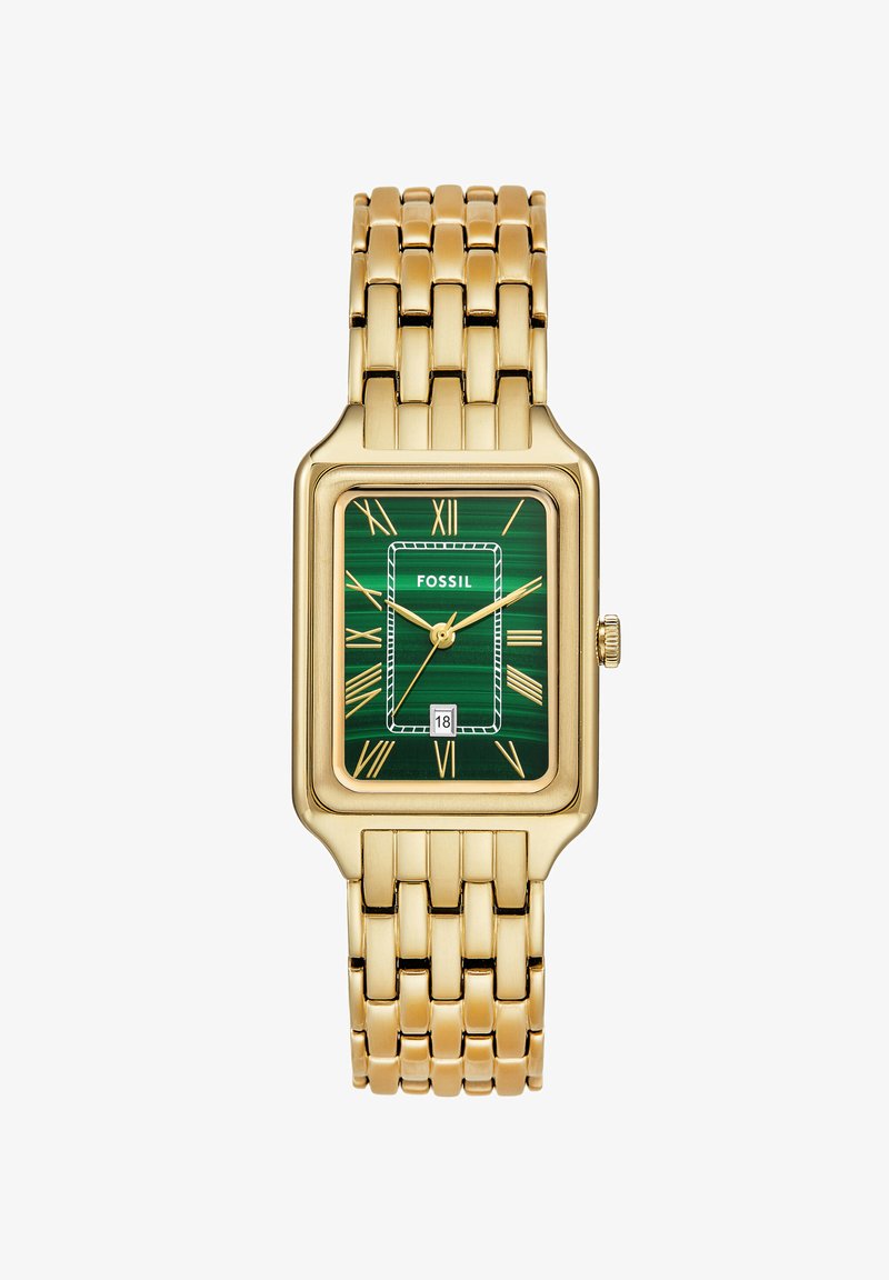 Montre-bracelet en métal doré avec un cadran rectangulaire vert, des chiffres romains, une fenêtre de date et un bracelet en maillons dorés texturé. Marque : Fossil.