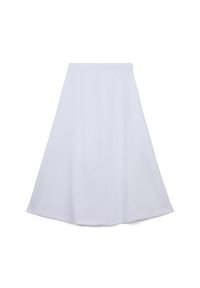 Una gonna bianca, lunga fino al ginocchio, realizzata in tessuto liscio, con una silhouette svasata e un design semplice e pulito, privo di chiusure visibili.