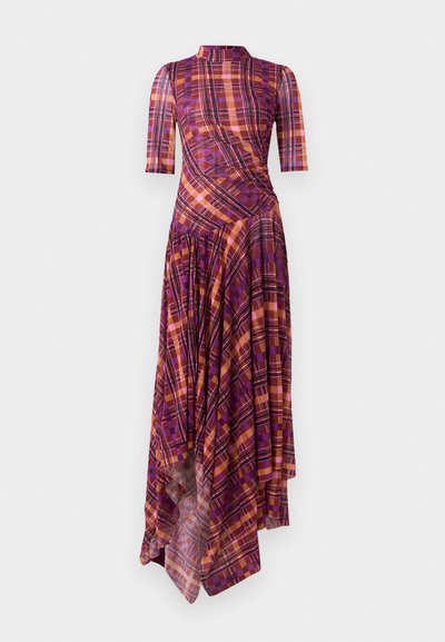 Purple and orange plaid dress with short sleeves, mock neck, asymmetrical hem, and flowing pleats featuring a mix of geometric patterns.