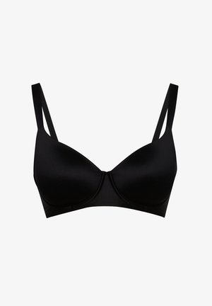 Svart bh med vadderade kupor, justerbara axelband och slät tyg. Har en enkel design utan utsmyckningar eller mönster.