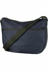 Borsa a tracolla in nylon blu navy con una cinghia nera regolabile, chiusura superiore con zip e tasca frontale orizzontale con zip.