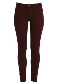 Burgundy skinny jeans i en bomullsmix, med fem fickor, knappstängning och metallnitar som detaljer, samt en mjuk textur.