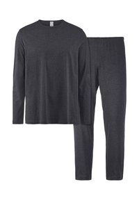 Dunkelgraues Langarmshirt und passende Hose aus weichem Material; das Shirt hat einen Rundhalsausschnitt und die Hose einen elastischen Bund.
