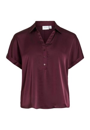 Īsām piedurknēm, tumši violeta satīna blūze ar apkakli, trīs pogu vērtnes un vaļēju pieguļojumu.