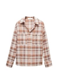 Camicia a maniche lunghe con bottone, caratterizzata da un motivo a quadri marrone, beige e bianco, e dotata di due tasche sul petto con bottone.