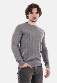 Maglione grigio a treccioline con maniche lunghe e scollatura tonda, caratterizzato da motivi a coste rialzate e una vita aderente. Indossato con jeans scuri.