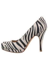 High-heeled women's pump with black and beige zebra print pattern and rounded toe on a white background.