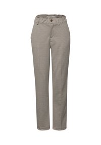 Beige mönstrade byxor med en åtsittande midja, elastisk band och en enda metallknapplåsning, med en rak ben-design.